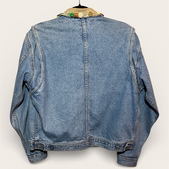 Custom Upcycled Tommy Hilfiger Denim Jacket Y2K Boho Beaded Embellished Crop VTG - Picture 2 of 15